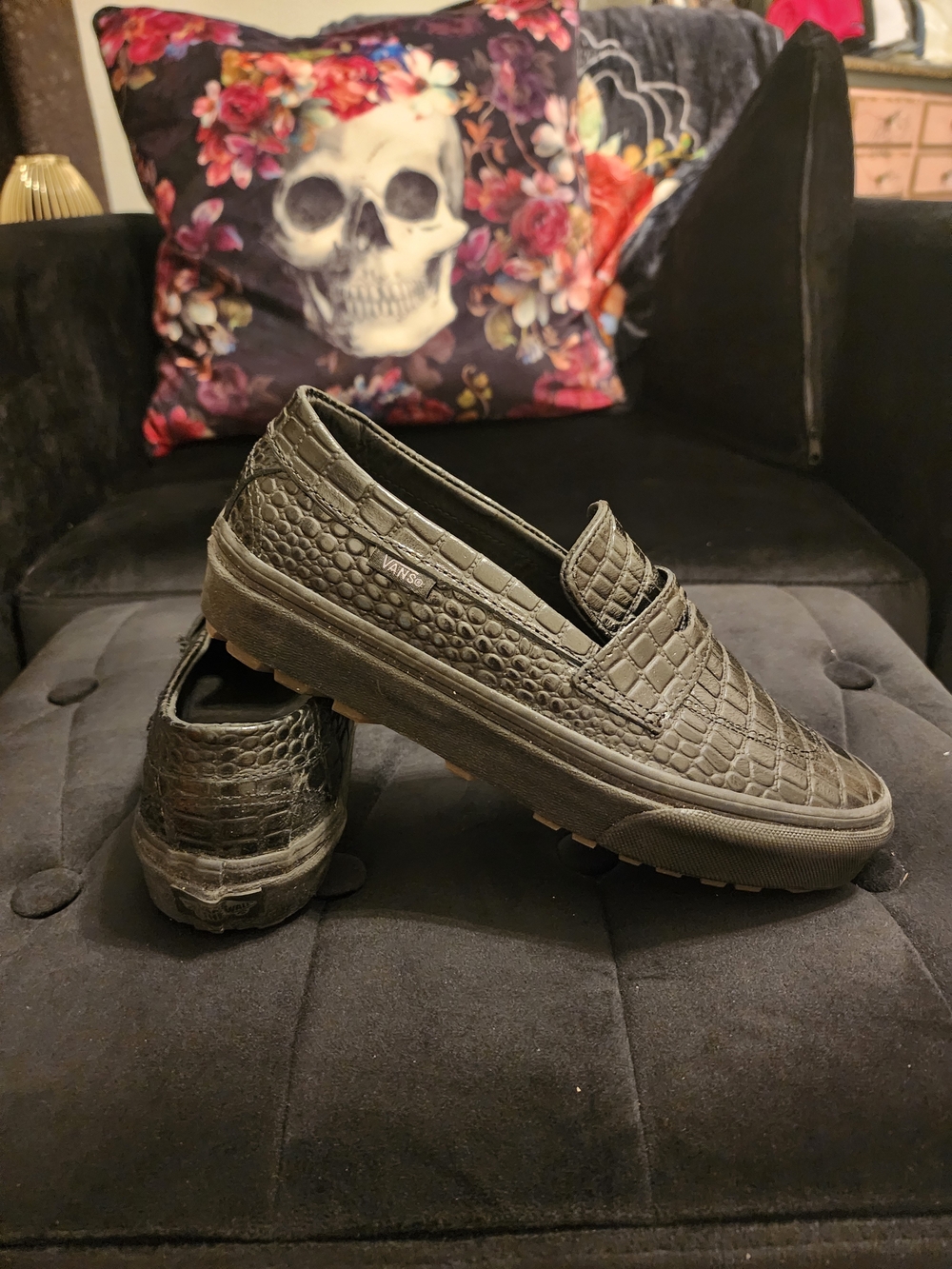 Vans Black Croc-Embossed Slip-On Loafers Brand New
